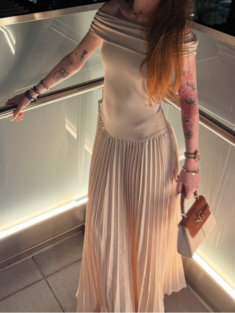 Off-Shoulder Pleated Maxi Dress in Beige - Picture 3 of 4